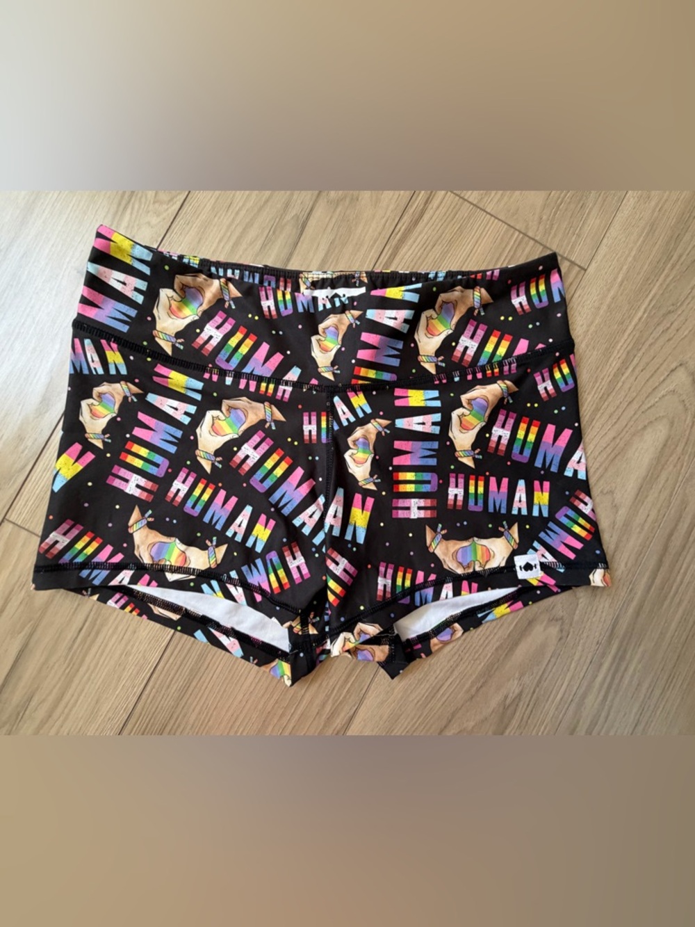 Wodbottom Sz L Crossfit Black Rainbow 'HUMAN' Pride Print Gym Workout Shorts